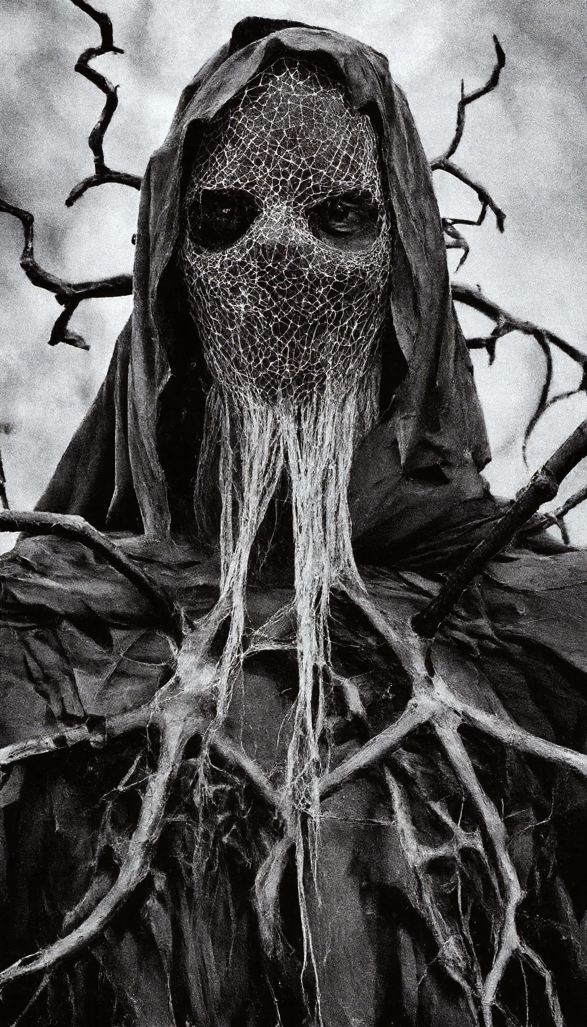Close-up of a surreal, otherworldly creature with a webbed, spiderweb-like mask covering its face, surrounded by twisted, branch-like tendrils hanging from its head and shoulders. The creature is draped in tattered, dark fabric that flows like a cloak. The scene is bathed in a cold, grayscale color palette with high contrast, featuring intricate detailing in a dark, surreal style. The background is a soft, blurred gray, emphasizing the creature’s eerie form.