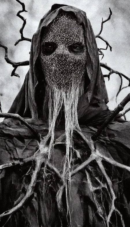 Close-up of a surreal, otherworldly creature with a webbed, spiderweb-like mask covering its face, surrounded by twisted, branch-like tendrils hanging from its head and shoulders. The creature is draped in tattered, dark fabric that flows like a cloak. The scene is bathed in a cold, grayscale color palette with high contrast, featuring intricate detailing in a dark, surreal style. The background is a soft, blurred gray, emphasizing the creature’s eerie form.