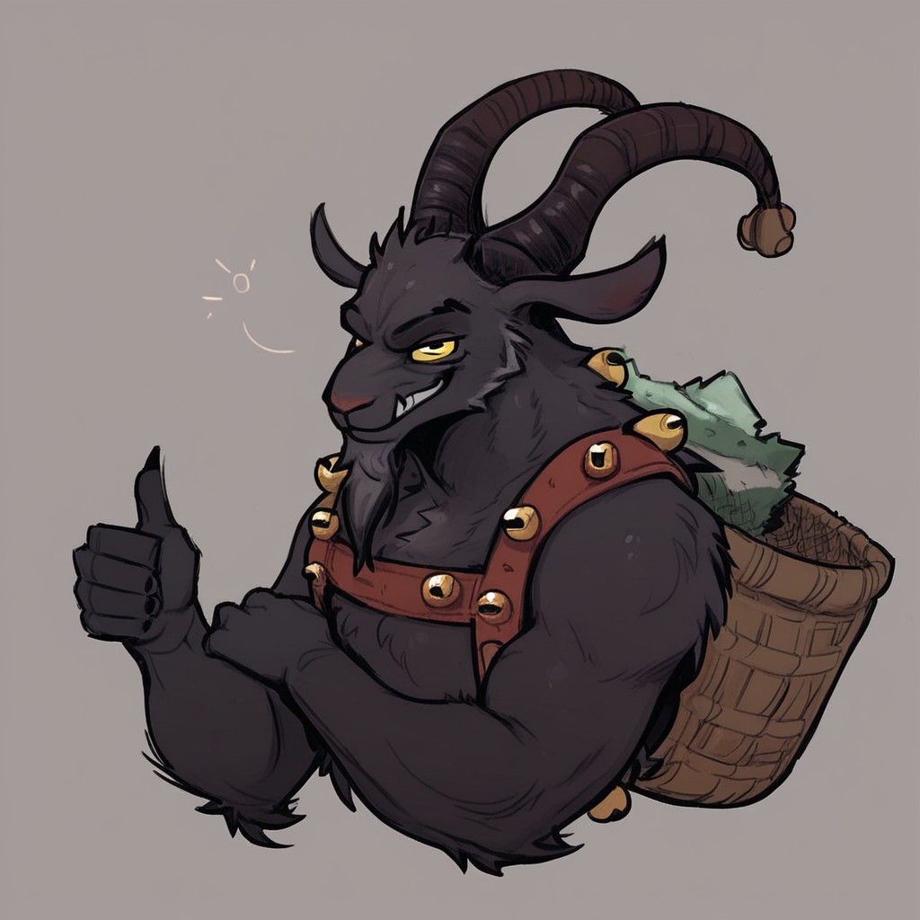 Score_7_up, score_8_up, solo male, upper body, Krampus, goat demon, goat head, chest harness, basket on back, horizontal pupils, Jingle bells, horns, smirk, looking at viewer, thumbs up, simple background,