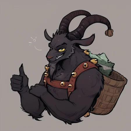 Score_7_up, score_8_up, solo male, upper body, Krampus, goat demon, goat head, chest harness, basket on back, horizontal pupils, Jingle bells, horns, smirk, looking at viewer, thumbs up, simple background,