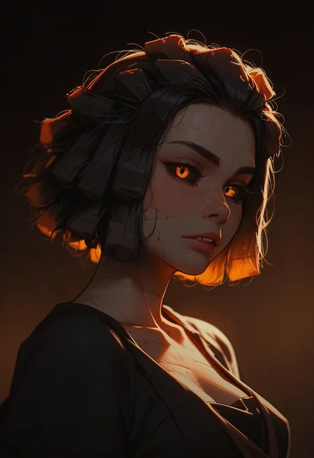 (score_9, score_8_up, score_7_up). (line work, excellent drawing, highest quality, extremely detailed:1.2). solo, 1girl, ((((stone girl, stone skin, stone body)))), earth elemental, glowing skin, cracked skin, black sclera, glowing orange eyes, (((stone hair)), black hair), g0thicPXL, romantic, source_cartoon, depth of field, dark background, dark background, medium distance, semirealistic, pinup pose, simple tunic,