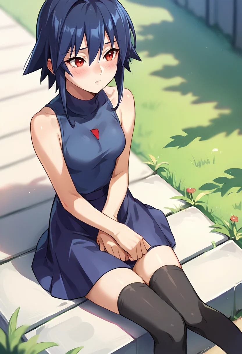 score_9, score_8_up, score_7_up, masterpiece, source_anime, 1girl, ct ai, short hair, blue hair, red eyes, blue sleeveless turtleneck, blue skirt, black thighhighs, outdoors, depth of field, depth of field, blush, sitting, from above, foreshortening, <lora:Ai_Kagano_Pony_ct:0.9>