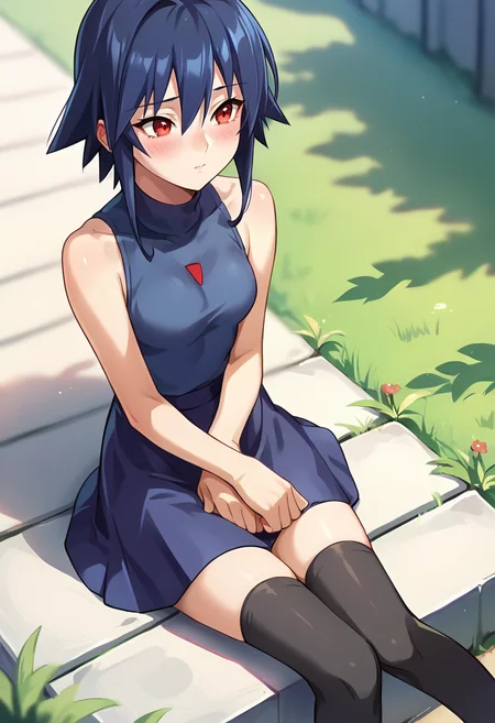 score_9, score_8_up, score_7_up, masterpiece, source_anime, 1girl, ct ai, short hair, blue hair, red eyes, blue sleeveless turtleneck, blue skirt, black thighhighs, outdoors, depth of field, depth of field, blush, sitting, from above, foreshortening, <lora:Ai_Kagano_Pony_ct:0.9>