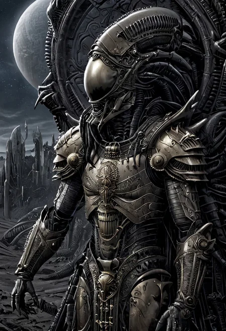 An insanely Detailed Divine Xenomorph, Golden and silver in color, a crimson tinge to the golden color, Hyperdetailed, Omnipresent, Beautiful, Sinister overtones, otherworldly,((masterpiece, best quality)), fantasy, solo, 1 alien knight, silver armor chestplate with silver medieval ornaments and runes, galactic night sky background, perfect composition, sidelighting, outdoor, in a duster standing alone in the desert, art by hr giger,