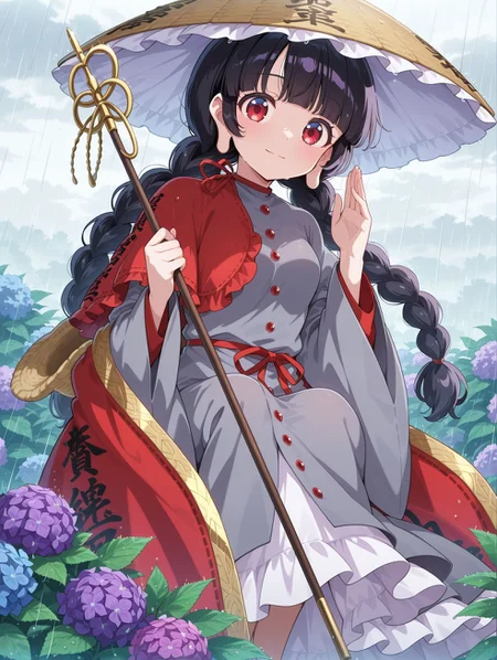 absurdres, highres, masterpiece, best quality, amazing quality, official anime artwork, screencap, anime screencap,
<lora:Narumi-Yatadera_Illustrious:1> yatadera narumi, 1girl, solo, red eyes, black hair, long hair, twin braids, blunt bangs, long earlobes, small breasts,, brown hat, frilled hat, ajirogasa, red capelet, grey dress, long sleeves, clothes writing, holding staff, shakujou,
blue flower, blue rose, bouquet, flower, hydrangea, purple flower, purple rose, rain, rose, on her knees, looking at viewer, light smile,