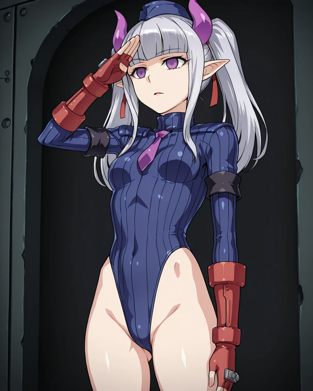 masterpiece,best quality,very aesthetic,anime screen,
shiny skin,
BREAK
villain lair interior,dark atmosphere,high-tech equipment,ominous lighting,metallic surfaces,control panels,glowing screens,shadowy corners,industrial aesthetic,
BREAK
shelia,1girl,solo,horns,grey hair,small_breasts,blunt bangs,bangs,long_hair,purple eyes,pointy_ears,twintails,
shadaloo dolls,gloves,hat,fingerless gloves,blue leotard,cosplay,highleg,highleg leotard,red gloves,empty eyes,garrison cap,dark persona,ribbed leotard,necktie,<lora:shadaloo-dolls-illustriousxl-lora-nochekaiser:0.8>,
standing,salute,empty eyes,dark persona,
<lora:Shelia_Illustrious:1>,