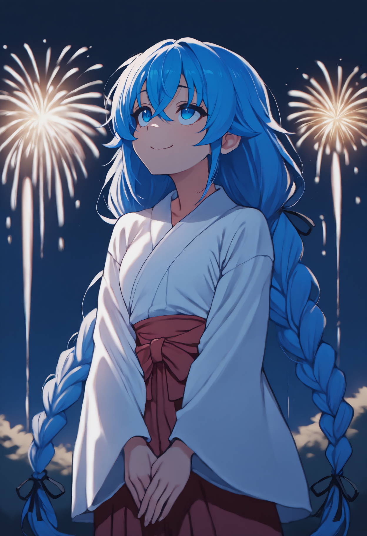 anime, masterpiece, best quality, solo, 1girl, rxmg, smile, looking up, v arms, blue hair, hair between eyes, crossed bangs, twin braids, hair ribbon, black ribbon, blue eyes, japanese clothes, white kimono, red hakama, wide sleeves, outdoors, night, fireworks, backlighting
<segment:yolo-Anzhc Face seg 640 v2 y8n.pt,0.4,0.5//cid=1>