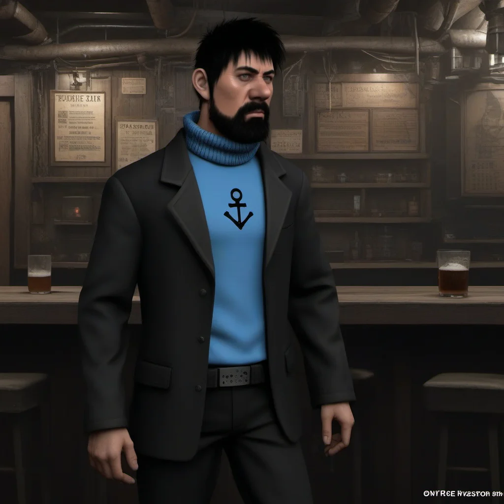 Dystopian style full body portrait robotic man , black hair, blue techno shirt, black techno jacket, blush, black techno pant, facial hair, cyberpunk tavern<lora:Haddock1024:0.8> . Bleak, post-apocalyptic, somber, dramatic, highly detailed