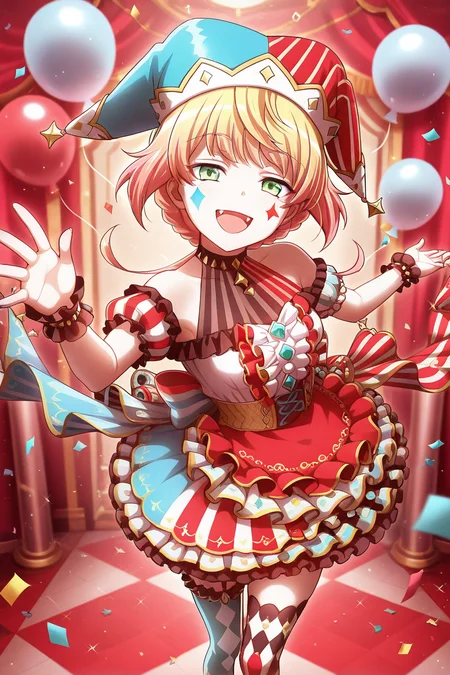masterpiece, best quality, amazing quality,
<lora:Minku_IL:1> minku, 1girl, blonde hair, green eyes, jester cap, solo, hat, clown, short hair, balloon, facial tattoo, smile, open mouth, wrist cuffs, asymmetrical legwear, looking at viewer, confetti, thighhighs, facial mark, argyle legwear, facepaint, mismatched legwear, dress, heart, multicolored hair, frills, clownsk