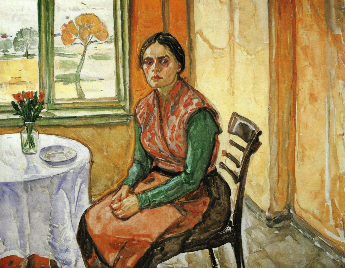 <lora:mnch:0.8>mnch, woman sitting in chair by table and window
