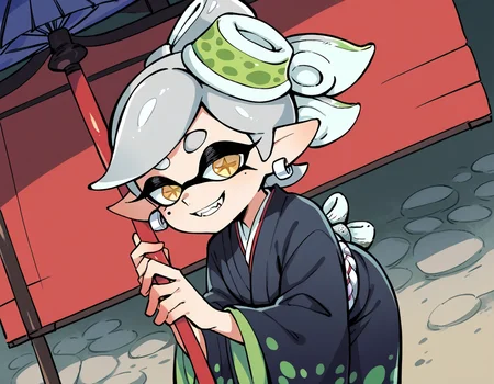 score_9, score_8_up, score_7_up, source_anime,
splatoonmarie, <lora:splatoon-marie-ponyxl-lora-nochekaiser:1>,
marie, fangs, grey hair, mole, mole under eye, pointy ears, short hair, yellow eyes, domino mask, mask, tentacle hair,
earrings, hair ornament, japanese clothes, jewelry, kimono, long sleeves, mole, mole under eye, umbrella, wide sleeves,
outdoors, shrine, bent over, smile,
solo, dutch angle, looking at viewer, cowboy shot,