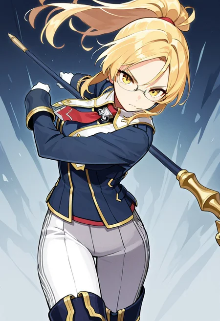 (score_9, score_8, score_7),masterwork, masterpiece, best quality, blonde hair, ponytail, glasses, sharp eyes, serious expression, navy blue military uniform, gold trim, white high-waisted pants, red ribbon necktie, silver brooch, armored gloves, long-sleeved jacket, high boots, vertical stripe pattern pants, dark blue boots with gold edges, white gloves, staff weapon,dynamic pose,fighting pose