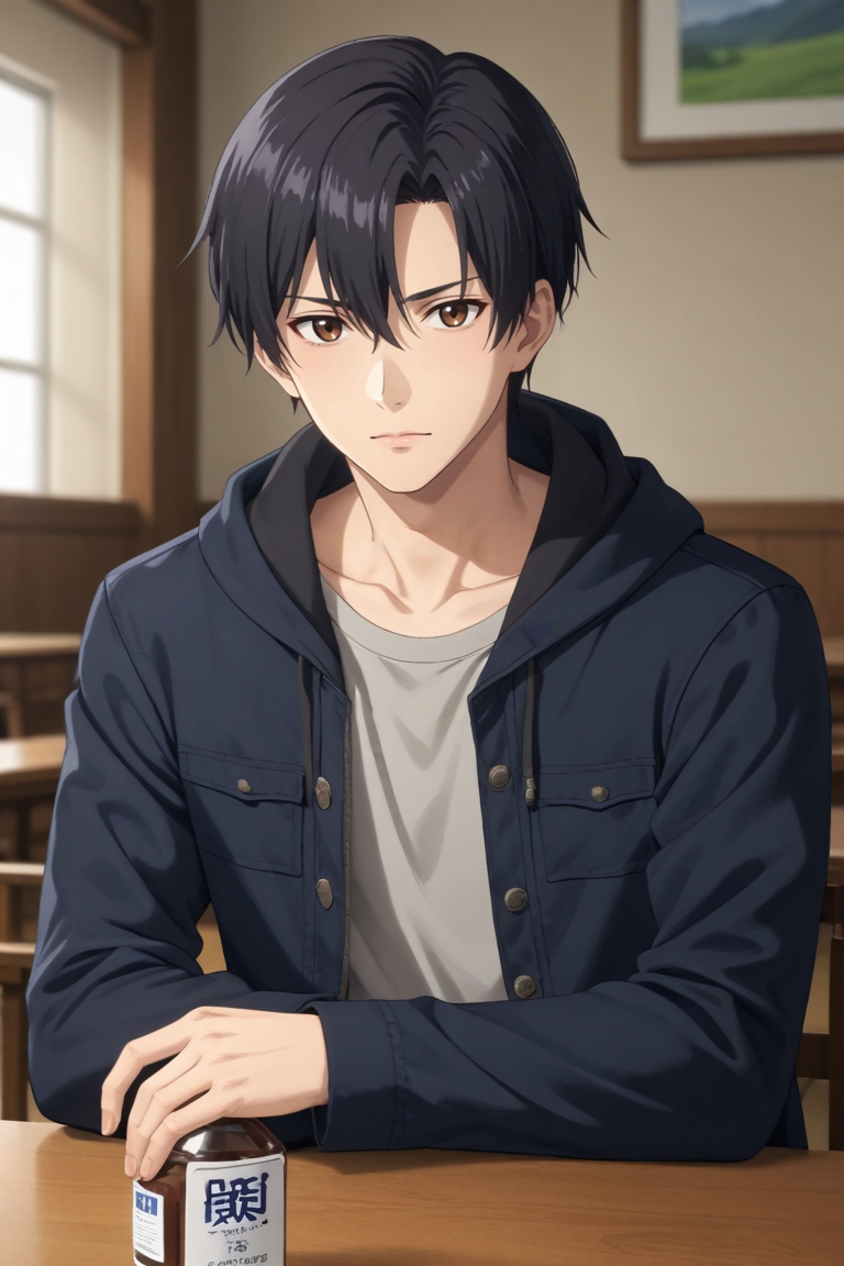 score_9, score_8_up, score_7_up,score_6_up,score_5_up,score_4_up,source_anime,BREAK, rating_safe, intricate details, , anime screencap, anime coloring, official style, depth of field,1boy, solo, male focus,<lora:yexiu:0.75>,Ye Xiu, black hair,brown eyes, short hair,bangs,looking at viewer, shirt, long sleeves, hair between eyes, closed mouth, jacket, collarbone, upper body, open clothes, indoors, hood, coat, black jacket, bottle, grey shirt,table,sitting,indoors , , , <lora:sdxl_lightning_8step_lora_315544:1>