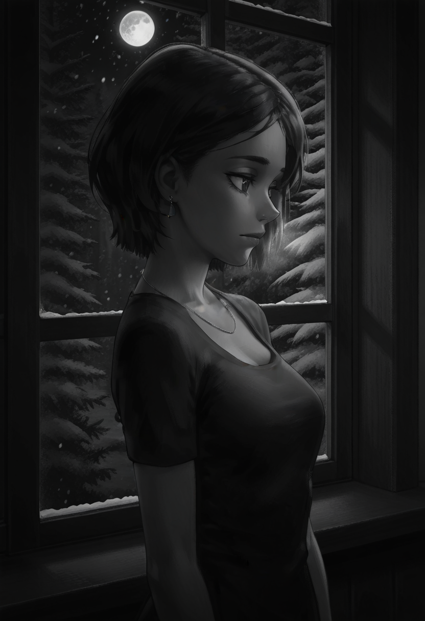 Graphic Design, greyscale, monochrome, intricate details, high contrast, detailed background, beautiful detailed, beautiful face, detailed eyes, detailed face, new, k4r1n4, 1girl, solo, jewelry, short hair, earrings, black hair, black dress, short sleeves, upper body, looking at side, looking at window, window, night, moon, winter, room, dark, moonlight, from side, forest, snowing, (masterpiece, best quality, newest, recent, absurdres),