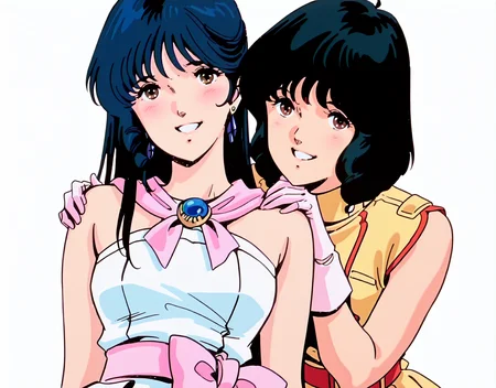 2girls, two girls shoulder to shoulder, upper body, looking at viewer,
anime screencap, anime, beautiful, highly detailed, standing, dark, cinematic lighting, anime coloring, simple background, (white background:1.5), <lora:anime_screencap:0.7>, <lora:add_detail:0.5>,
BREAK
LEFT
sleeveless yellow and red outfit, y(closeup:1.3), white gloves, sleeveless, dress, <lora:Fa_Yuiry_Mobile_Suit_Zeta_Gundam:1>, blush, smile, teeth, short hair, red belt, black hair,
BREAK
RIGHT
<lora:illustrious_XL_minmei:1.5>, minmei, masterpiece, best quality, good quality, newest, huge filesize, white idol dress, pink gloves,earrings on one side, standing. , dark blue hair, brown eyes, long hair, pink sash, pink shawl, blue brooch,