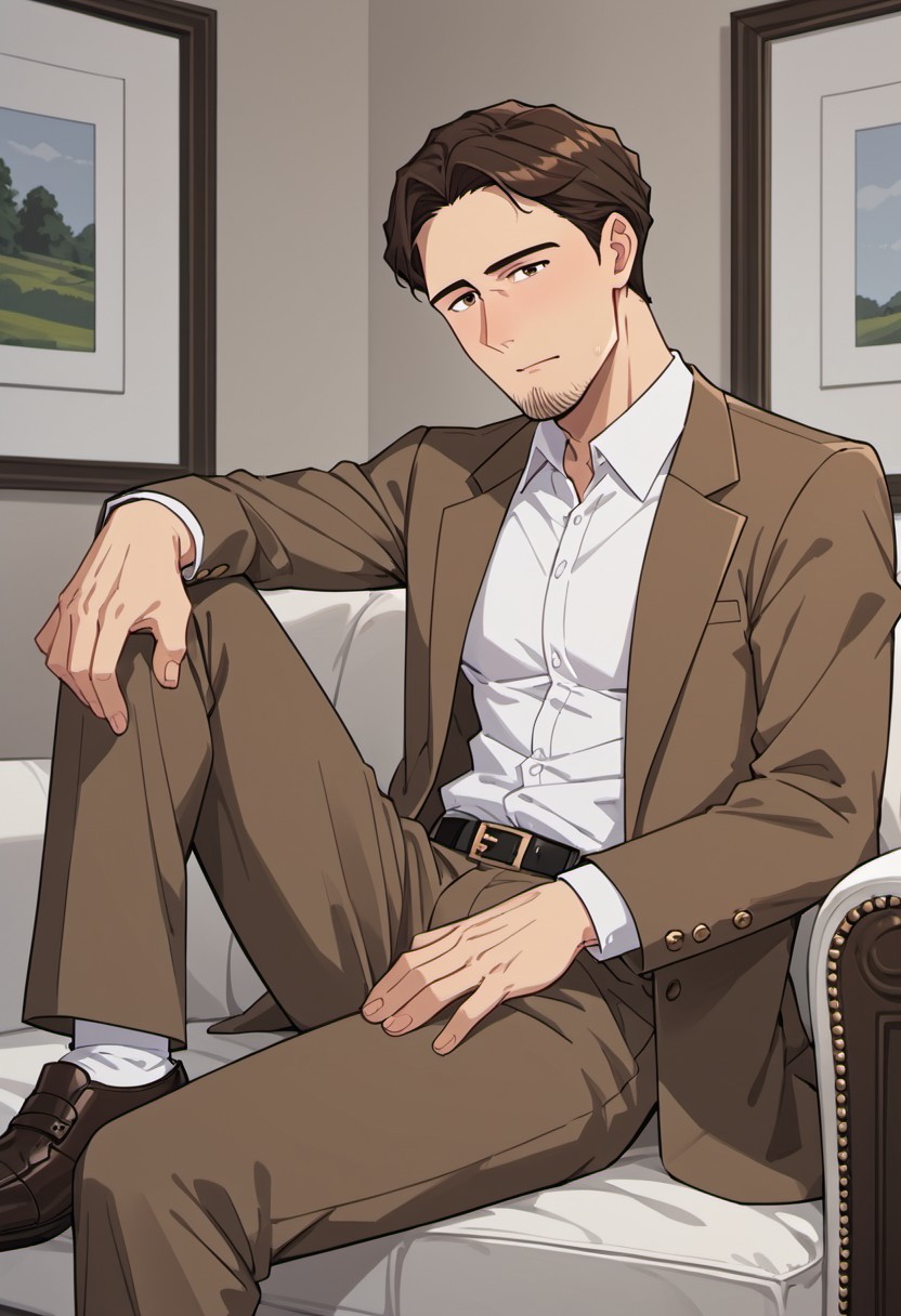 score_8_up, score_7_up, masterpiece, best quality, best aesthetics, perfect anatomy, perfect proportions, high resolution, good colors, bright skin, good shading, countershading, well detailed background, BREAK, solo, 1boy, brown eyes, short hair, mature, Brown hair, Richter, chin beard, BREAK, Sitting in an armchair, bedroom, white shirt, brown jacket, brown trousers, black men's shoes, best quality, best aesthetic, high details<lora:EMS-428848-EMS:0.850000>