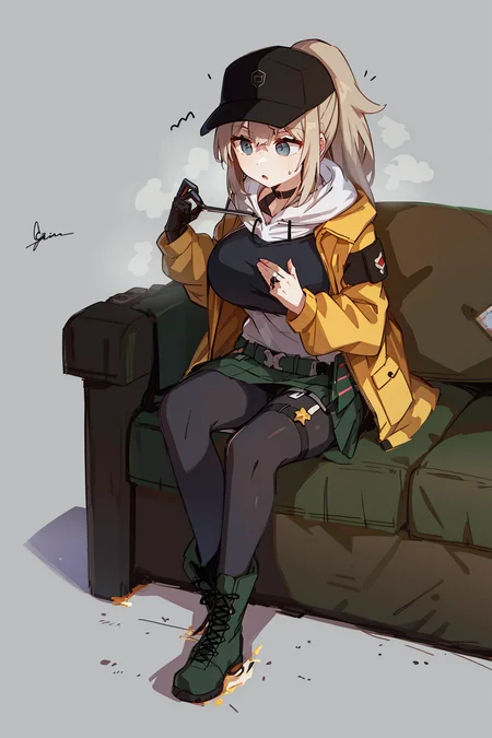 1girl,unparalleled masterpiece, mature female, ((thick thighs, huge chest, mature, adult))

girls'_frontline, dima_(girls'_frontline), gar32, 1girl, black_pantyhose, blue_eyes, boots, combat_boots, full_body, long_hair, pantyhose, ponytail, signature, simple_background, sitting, skirt, solo, thigh_strap
 <lora:dimaGirlsFrontline_10:0.6>