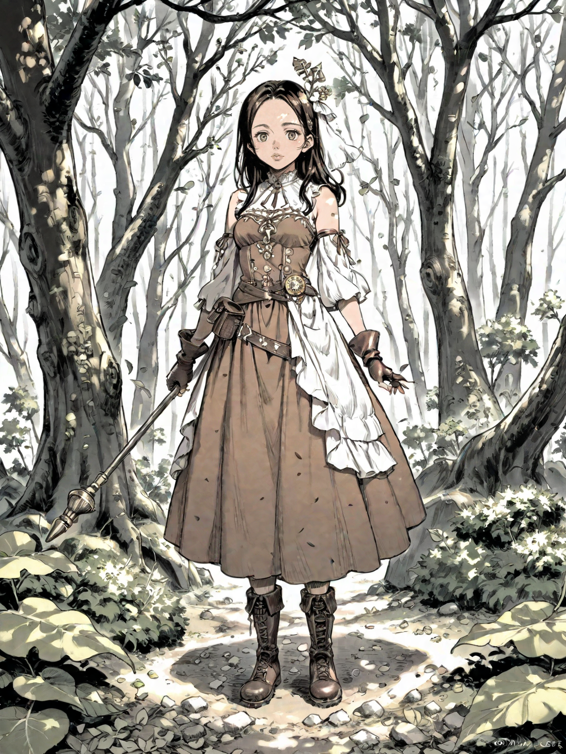 1girl artist_name boots brown_dress brown_footwear brown_gloves brown_hair bush crown dress fantasy fingerless_gloves forest gloves green_eyes holding holding_staff leaf leaf_cape leaf_clothing long_hair looking_at_viewer nature outdoors plant_clothing signature sleeveless sleeveless_dress solo staff tree web_address
, <lora:Berserk:0.8>, score_9, score_8_up, score_7_up, zPDXL3, monochrome, greyscale
