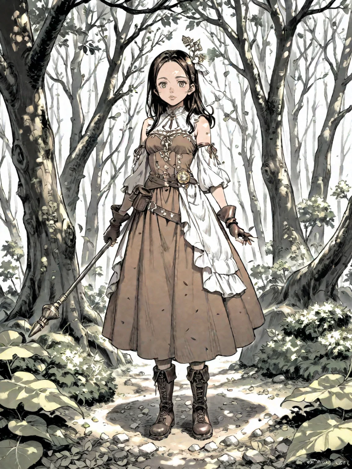 1girl artist_name boots brown_dress brown_footwear brown_gloves brown_hair bush crown dress fantasy fingerless_gloves forest gloves green_eyes holding holding_staff leaf leaf_cape leaf_clothing long_hair looking_at_viewer nature outdoors plant_clothing signature sleeveless sleeveless_dress solo staff tree web_address
, <lora:Berserk:0.8>, score_9, score_8_up, score_7_up, zPDXL3, monochrome, greyscale