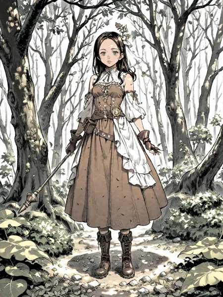 1girl artist_name boots brown_dress brown_footwear brown_gloves brown_hair bush crown dress fantasy fingerless_gloves forest gloves green_eyes holding holding_staff leaf leaf_cape leaf_clothing long_hair looking_at_viewer nature outdoors plant_clothing signature sleeveless sleeveless_dress solo staff tree web_address
, <lora:Berserk:0.8>, score_9, score_8_up, score_7_up, zPDXL3, monochrome, greyscale