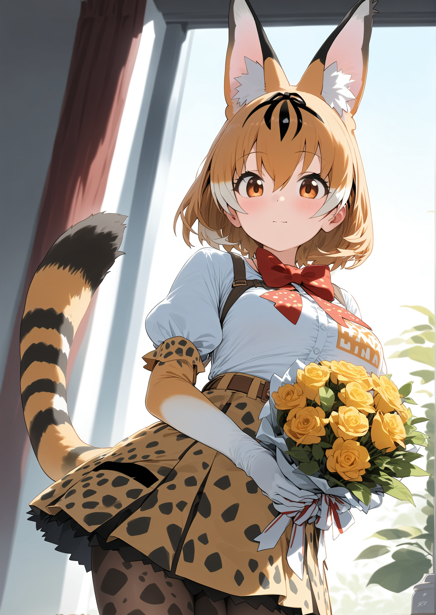 1girl, 
serval \(kemono friends\), kemono friends, 
solo, black gloves, skirt, dress, looking at viewer, white sleeves, bowtie, high-waist skirt, belt, red curtains, extra ears, backlighting, hair between eyes, holding bouquet, short sleeves, indoors, print skirt, bow, closed mouth, frilled sleeves, window, short hair, holding, print gloves, white gloves, animal ears, print pantyhose, shirt, brown belt, striped tail, gloves, print bow, cat ears, rose print, orange eyes, white shirt, sunlight, yellow flower, animal ear fluff, tail, pantyhose, sunbeam, cat tail, print bowtie, signature, elbow gloves, orange hair, serval print, black pantyhose, cowboy shot, floral print, red ribbon, frills, standing, yellow rose, bouquet, plant, print sleeves, wavy hair, english text, ribbon, flower, 
masterpiece, best quality, very aesthetic, absurdres, sfw
 <lora:a31_style_momomo-000011:1>