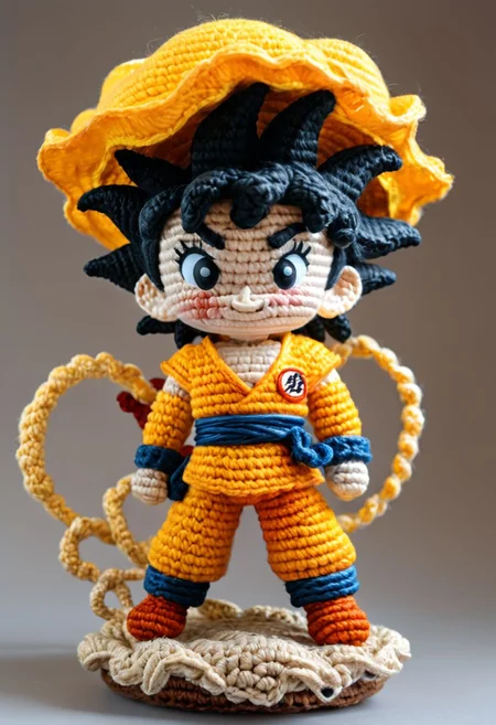 goku from dragon ball, on top of a yellow cloud, crocheted style