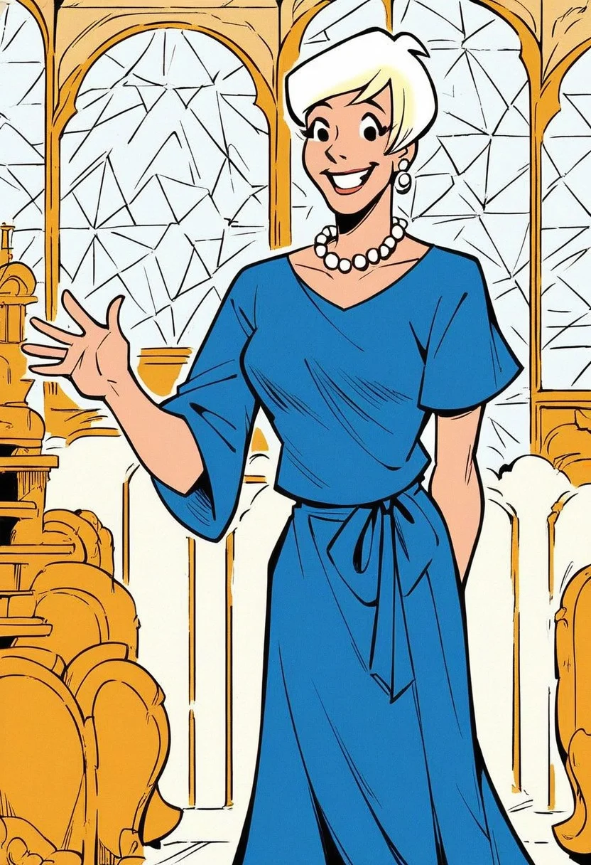 score_9_up, score_8_up, score_7_up, score_6_up, 1girl, solo, herm1one_l0dge, short hair, white hair, blonde hair, pearl necklace, earrings, blue shirt, long skirt, smile, standing, (one hand behind back), waving, in mansion, indoors, retro artstyle, comic book art, (painted art)