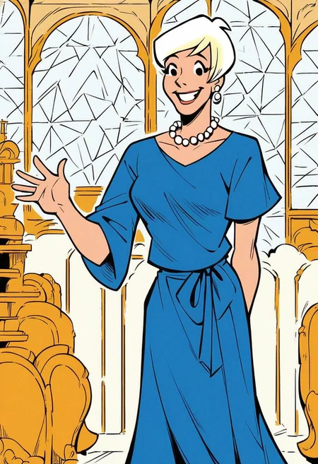 score_9_up, score_8_up, score_7_up, score_6_up, 1girl, solo, herm1one_l0dge, short hair, white hair, blonde hair, pearl necklace, earrings, blue shirt, long skirt, smile, standing, (one hand behind back), waving, in mansion, indoors, retro artstyle, comic book art, (painted art)