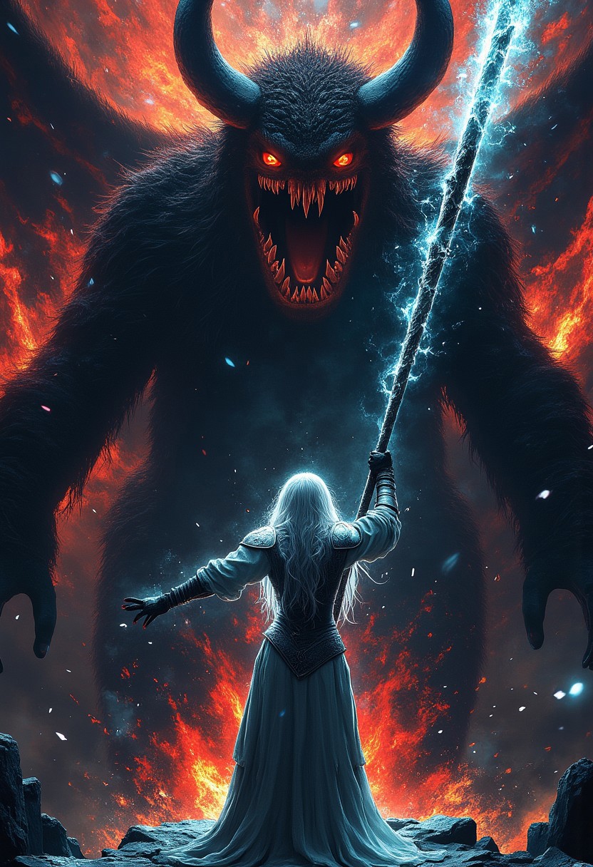 The focus is on a female silver haired mage holding her staff high above her with both hands in a final stand. The mage is wearing sleek armor that is damaged and breaking apart. She stand on the edge of a cliff overlooking a dark abyss and she is facing a balrog. The balrog is an enormous creature cloaked in black and crimson flames of death. The mage  The tip of the staff glows with purity.,
The backdrop behind the mage and balrog is a swirling abyss of darkness, separated by streaks of pure white. The backdrop is centered behind the subject. The colors are separated by metallic fractures, creating a glowing mosaic effect. The colors of the backdrop are most intense near the center. The mage is a stark and vibrant contrast of hope against the encroaching darkness and despair.,
aidmamj6.1