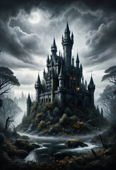 ral-apoctvisn, Create a mesmerizing black and white illustration of a castle nestled deep within a dense, shadowy forest, inspired by the storybook style of Ed Binkley. The gothic castle looms ominously in the background, its towering spires shrouded in mist and mystery. The intricate details of the dark art showcase the interplay of light and shadow, adding depth and drama to the scene. A sword and wand are subtly placed in the foreground, hinting at tales of magic and adventure waiting to unfold. The overall composition exudes an aura of enchantment and danger, drawing viewers into a world where fantasy and reality intertwine. The water element subtly weaves through the composition, adding a sense of fluidity and movement to the captivating artwork.