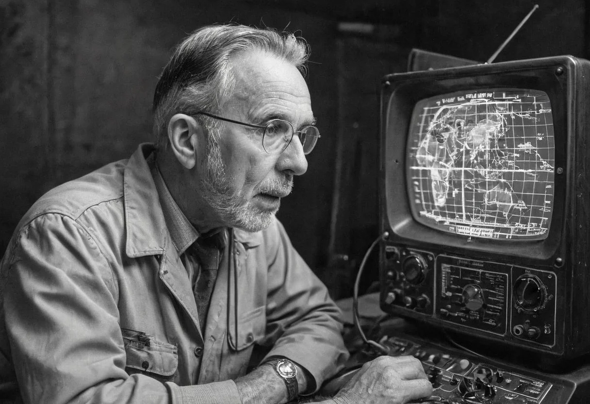 colouring page of an old retro ham radio looking at it head on. There must be a large crt screen included