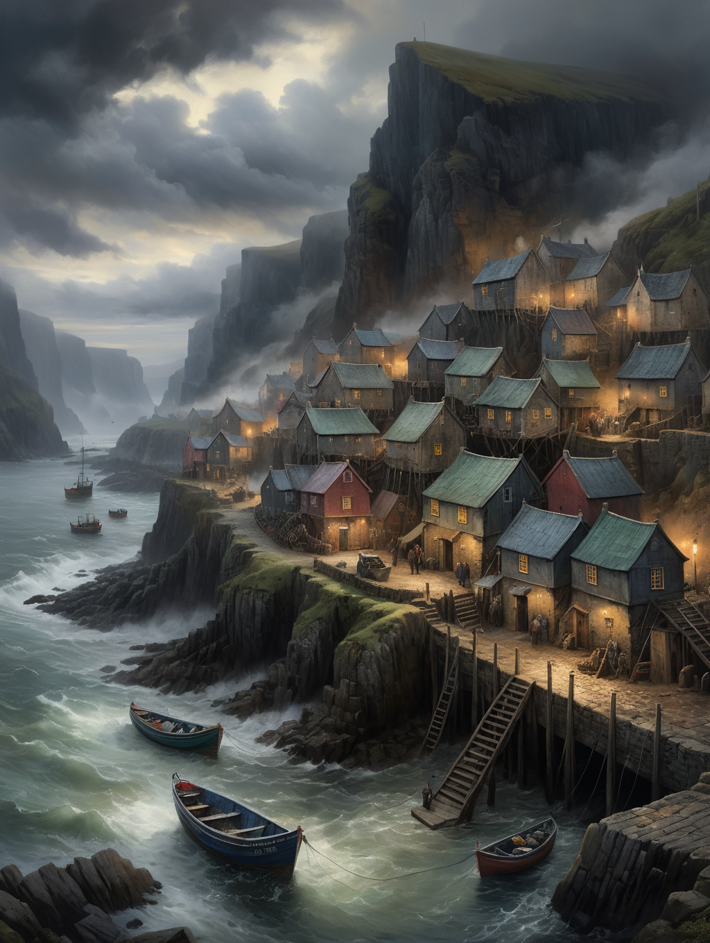 oil painting, A picturesque fishing village at the mouth of a wild river, dramatic light, (darkness:2.5), 34K uhd, masterpiece, high detail, 8k, intricate, detailed, high resolution, high res, high quality, <lora:add-detail-xl:1.8>, highly detailed, Extremely high-resolution details, fine texture,