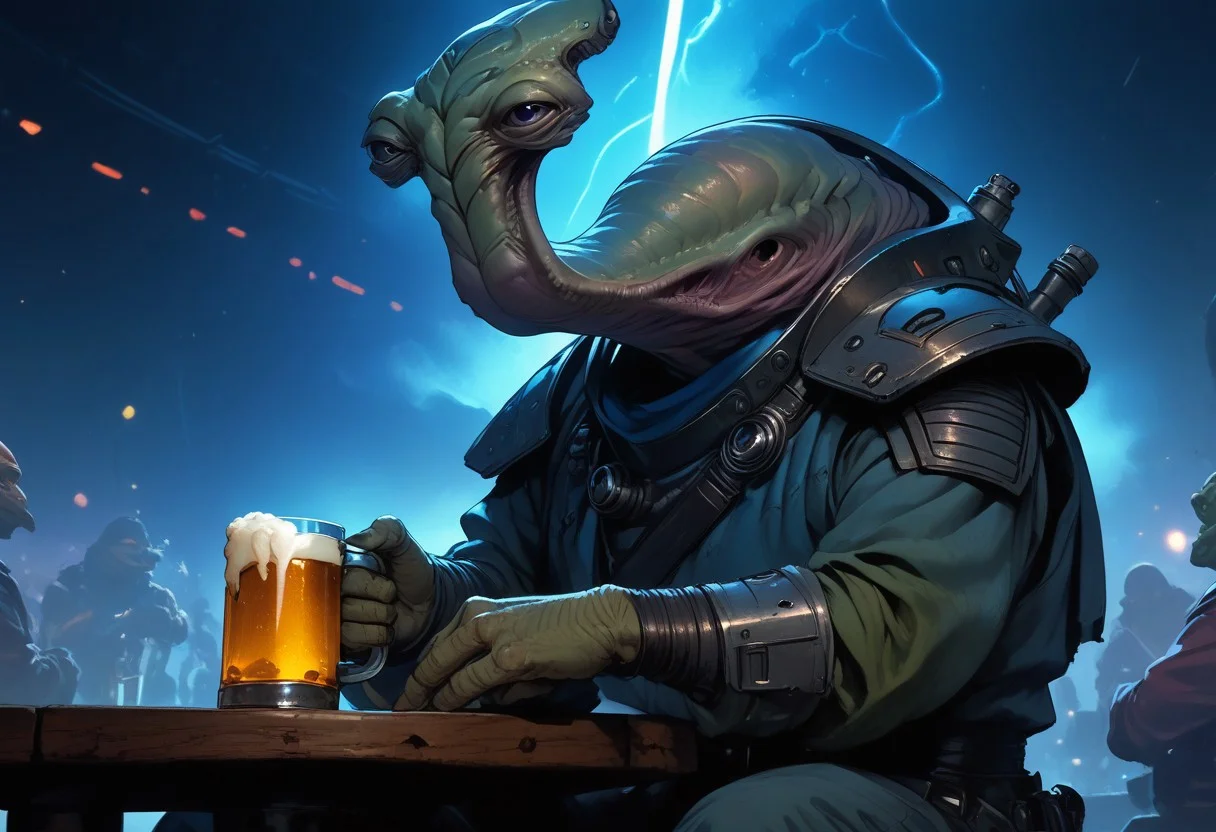 score_9, score_8_up, score_7_up, BREAK, source_anime, an
ithorian hammerhead alien on a space station, sitting at a space bar holding a beer, alien stripper dancing in the background, neon BAR sign in background, dramatic lights