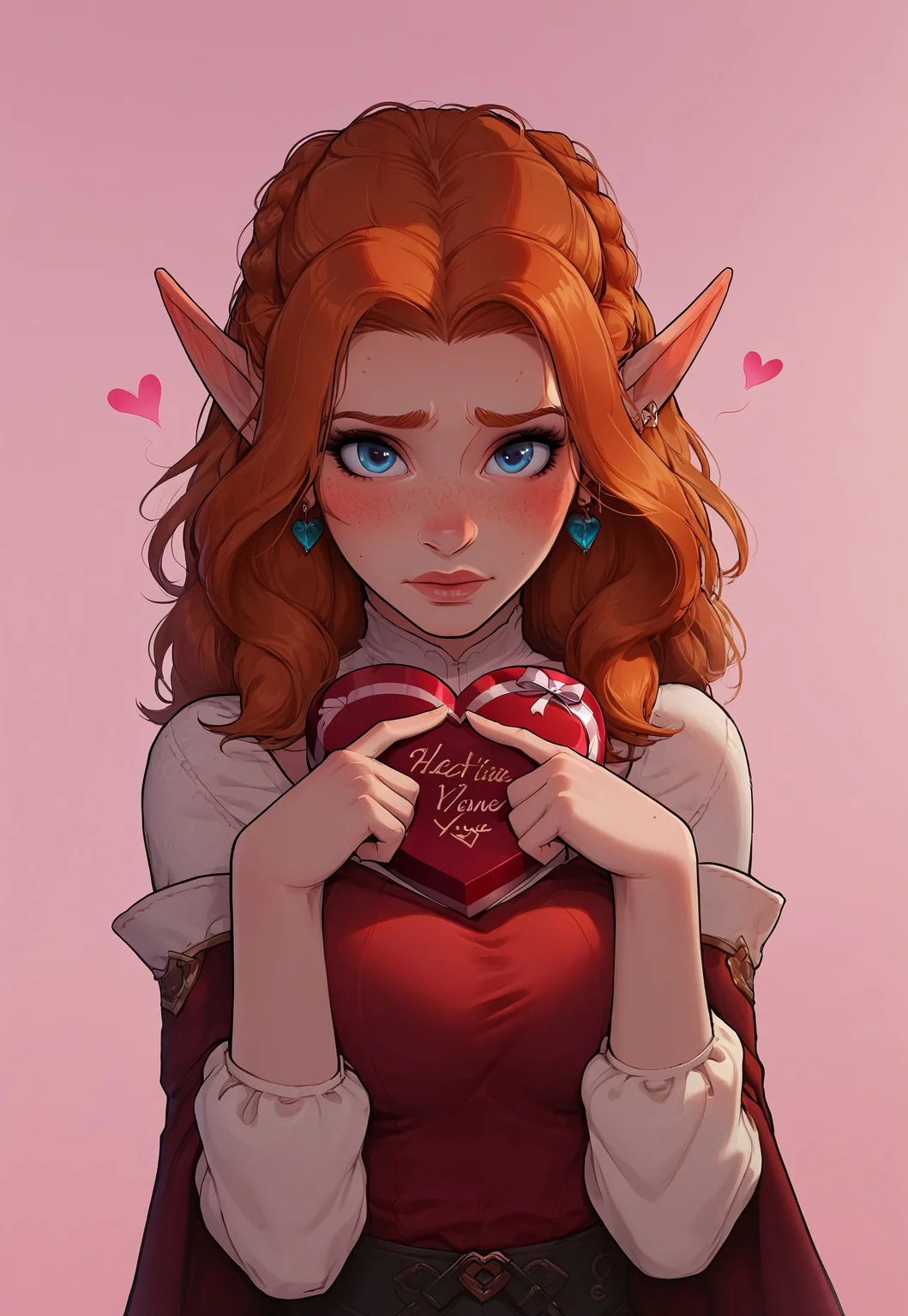 safe_pos, (score_9, score_8_up, score_7_up, score_6_up, score_5_up, score_4_up), source_cartoon, 1girl, sexy, pose, dynamic angle, sexy, elf mage, blue eyes, french braids, ginger hair, earrings, freckles, body freckles, detailed face, hourglass body, Valentine's day, scenery, embarrassed face, <lora:fidgeting-index-fingers-together-ponyxl-lora-nochekaiser:1>, fidgeting index fingers together, index fingers together, looking at viewer, fidgeting, blush, dutch angle, heart, upper body, dress