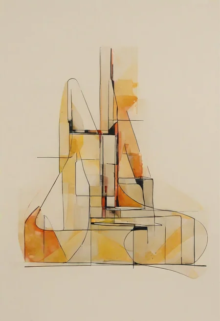 (abstract building painting, brutalist architecture, Bright YELLOW AND DARK RED color palette, curve, circle, ellipse, core), AK, abstract, deconstruction, geometry, geometric composition,paint painting,harmonious colors, black frame,rectangle, tilt, flat painting, framex, horizontal, Constructivism, Fauvism,