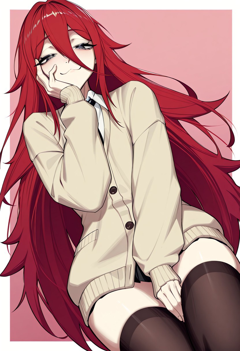 orouu, solo, from below, dutch_angle, looking at viewer, leaning, hair_between_eyes, :3, smile, half-closed eyes, red hair, very long hair, long bangs, hair_over_face, hand on face, androgynous, cardigan, thighhighs, street
