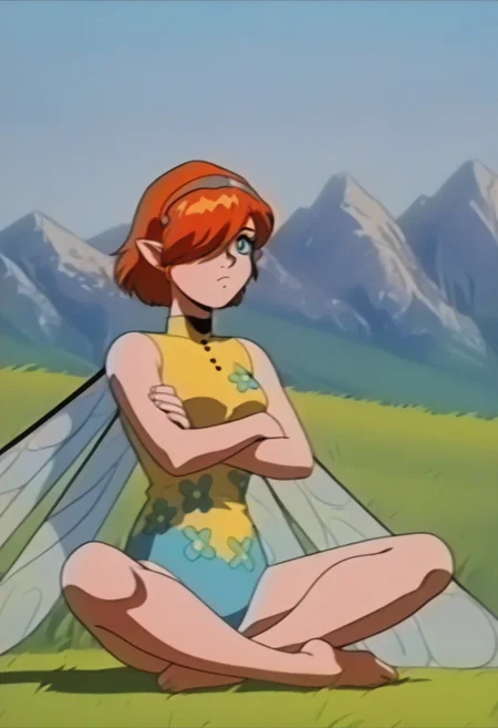 1girl, sitting, indian style, frown, crossed arms, <lora:FeOVA_GLoRA-illus_Fp:1> retro artstyle, <lora:GallicaMR-illu:1> dfGall, orange hair, short hair, hair over one eye, aqua eyes, pointy ears, grey hairband, two-tone leotard, yellow leotard, blue leotard, floral print, buttons, sleeveless, fairy wings, barefoot, medium breasts, mountainous horizon, grass, outdoors