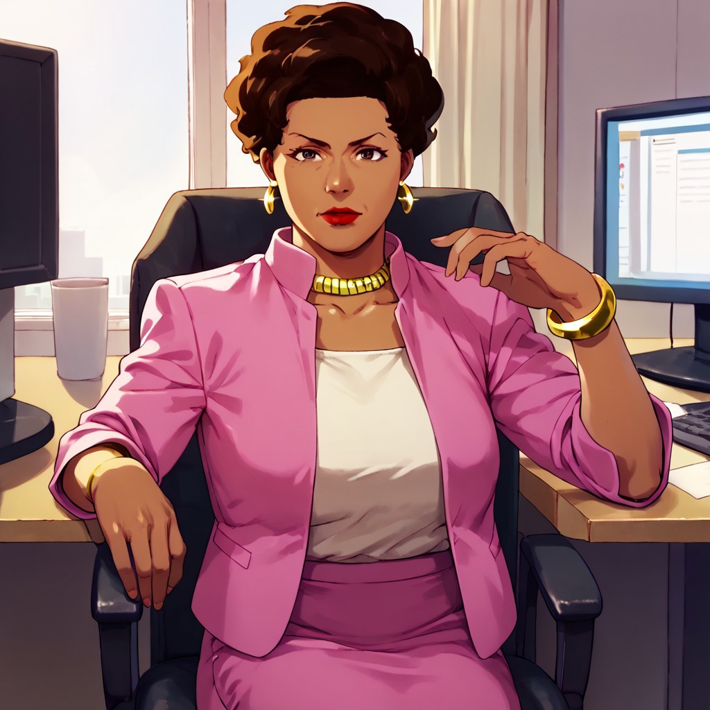score_9, score_8_up, score_7_up BREAK AmandaWaller, 1girl, dark brown hair, brown skin, brown eyes, red lipstick, gold earrings, gold necklace, left wrist gold bracelet, open pink suit jacket, white undershirt, pink skirt, black high-heeled shoes, mature woman, sitting inside yellow office, yellow office chair, pink computer screens, yellow pink office, looking at viewer, solo, solo focus, female focus,