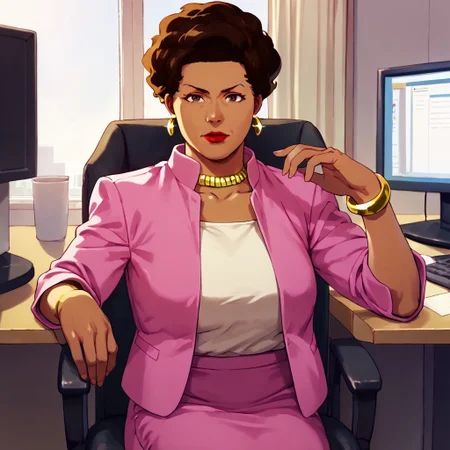 score_9, score_8_up, score_7_up BREAK AmandaWaller, 1girl, dark brown hair, brown skin, brown eyes, red lipstick, gold earrings, gold necklace, left wrist gold bracelet, open pink suit jacket, white undershirt, pink skirt, black high-heeled shoes, mature woman, sitting inside yellow office, yellow office chair, pink computer screens, yellow pink office, looking at viewer, solo, solo focus, female focus,