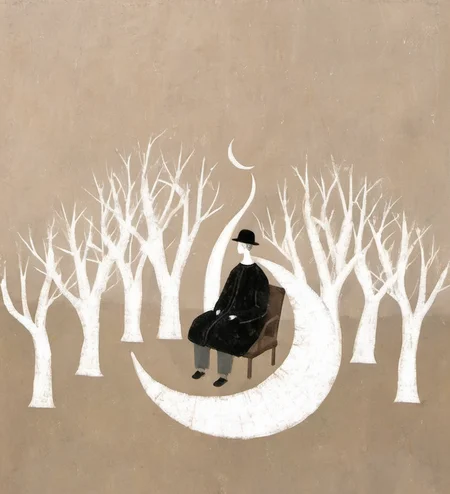 abstract art, surrealism, person seated, crescent moon, white trees, nature, minimalist, muted color palette, simplistic design, artistic illustration, whimsical, imaginary setting, solitude, dreamlike, foliage, hat, long coat, shadowy figure, solitary figure, minimal details, texture, fantasy, fantasy elements, contemplative mood, imaginative, poetic, pastel backdrop,<lora:æ²»æ-000007:1>,
