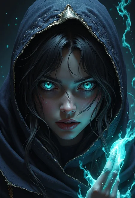 masterpiece, high detail, ArsMJStyle, dnddarkestfantasy, female mage, glowing eyes, magic, closeup, BREAK, highest definition, HD32K, wallpaper, hyperdetailed, concept art