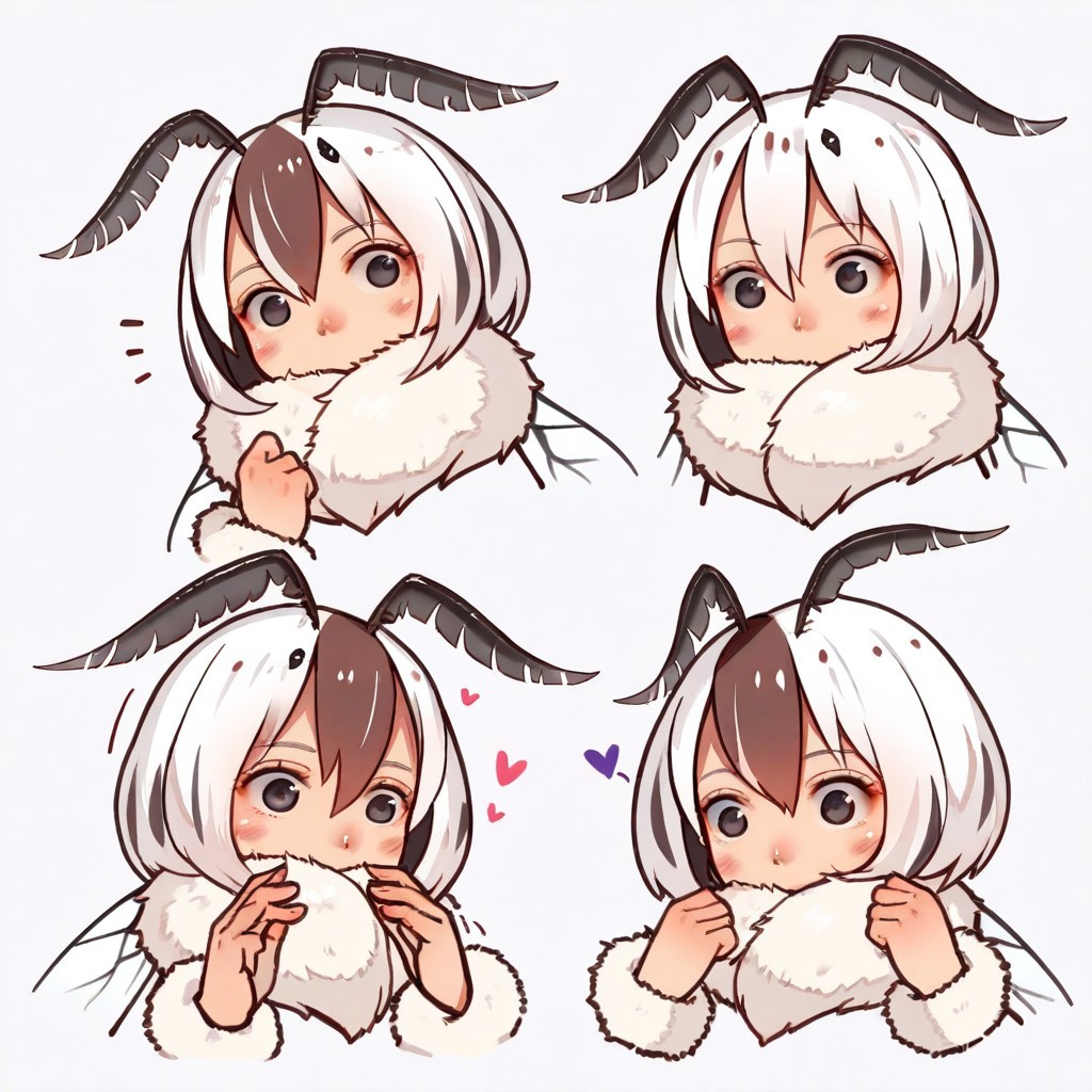 lazypos, girl focus, 1girl, wings, monster girl, arthropod girl, multiple views, moth girl, multicolored hair, antennae, insect wings, looking at viewer, blush, white background, extra arms, brown hair, neck fur, white hair, hair between eyes, heart, black eyes, fur collar, simple background, short hair, two-tone hair, covered mouth, long sleeves, muk, Naxx_illu, shiny skin, motion lines
