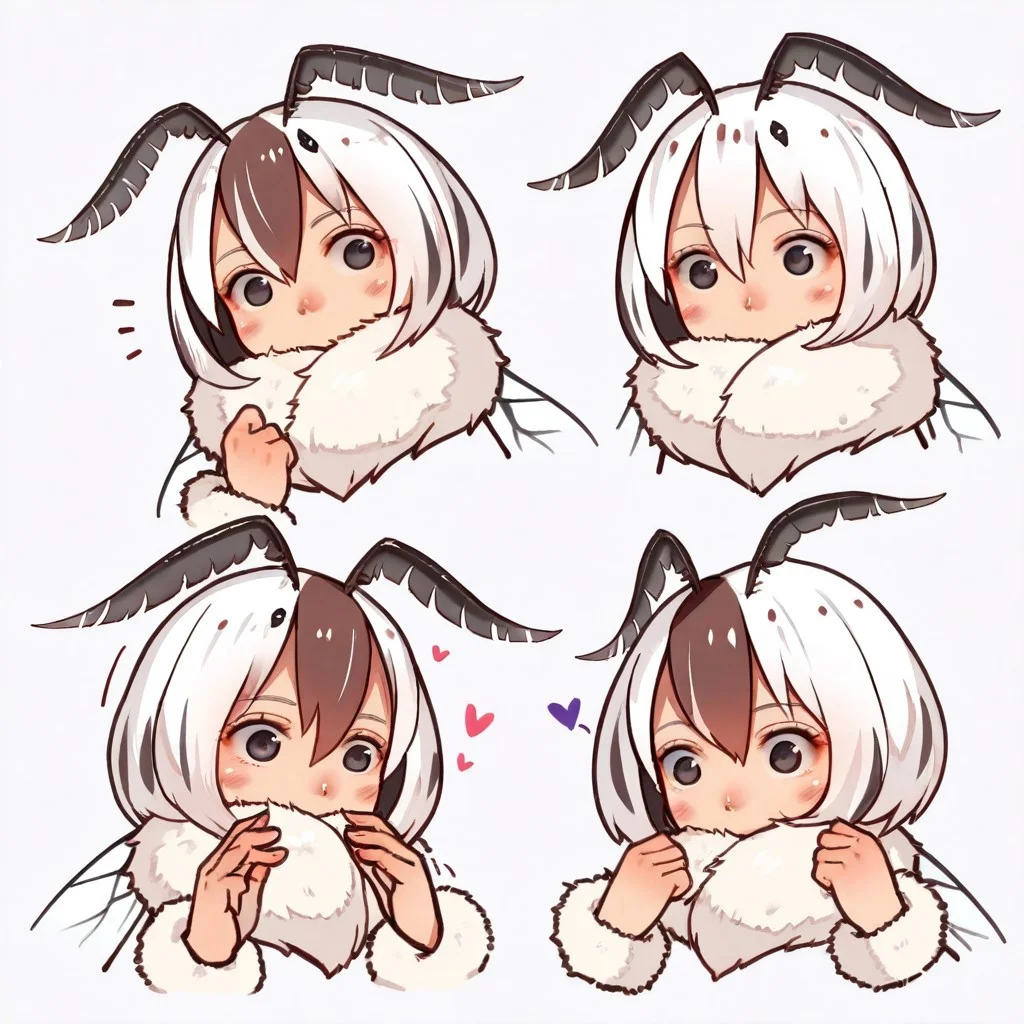 lazypos, girl focus, 1girl, wings, monster girl, arthropod girl, multiple views, moth girl, multicolored hair, antennae, insect wings, looking at viewer, blush, white background, extra arms, brown hair, neck fur, white hair, hair between eyes, heart, black eyes, fur collar, simple background, short hair, two-tone hair, covered mouth, long sleeves, muk, Naxx_illu, shiny skin, motion lines