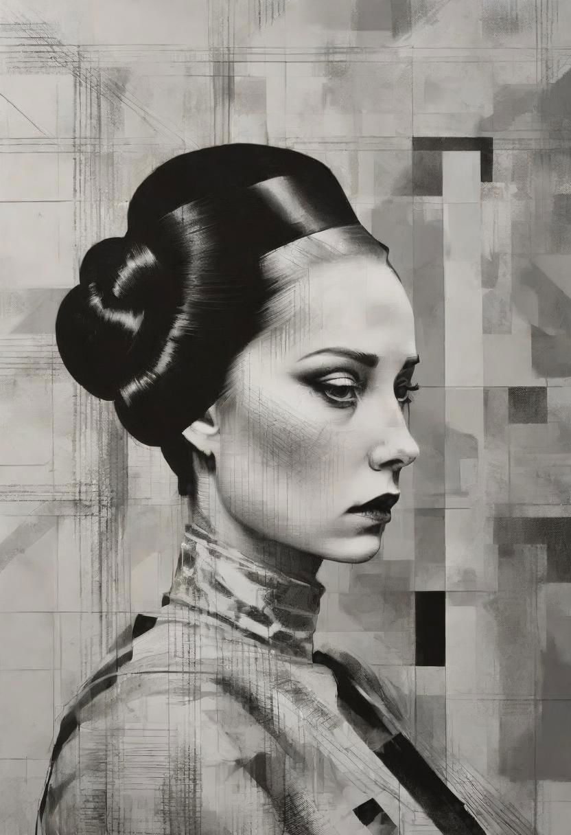 pop surrealism, rough crosshatch drawing pop art Lunatic_Portrait of a girl in latex, slick back, low bun, black makeup, sinister expression, intense glare, avant-garde, abstract, weird, geometric, constructivism, suprematism, rayonism, verticism, lineism, tj