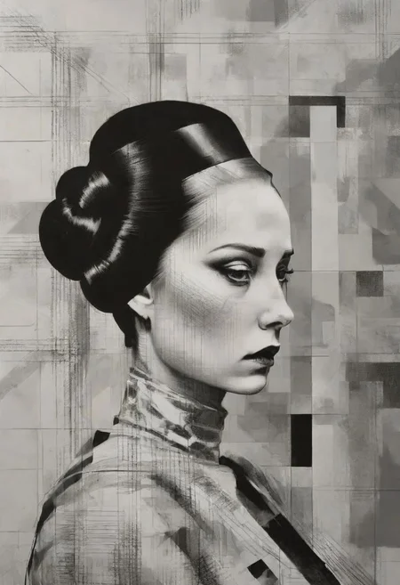 pop surrealism, rough crosshatch drawing pop art Lunatic_Portrait of a girl in latex, slick back, low bun, black makeup, sinister expression, intense glare, avant-garde, abstract, weird, geometric, constructivism, suprematism, rayonism, verticism, lineism, tj