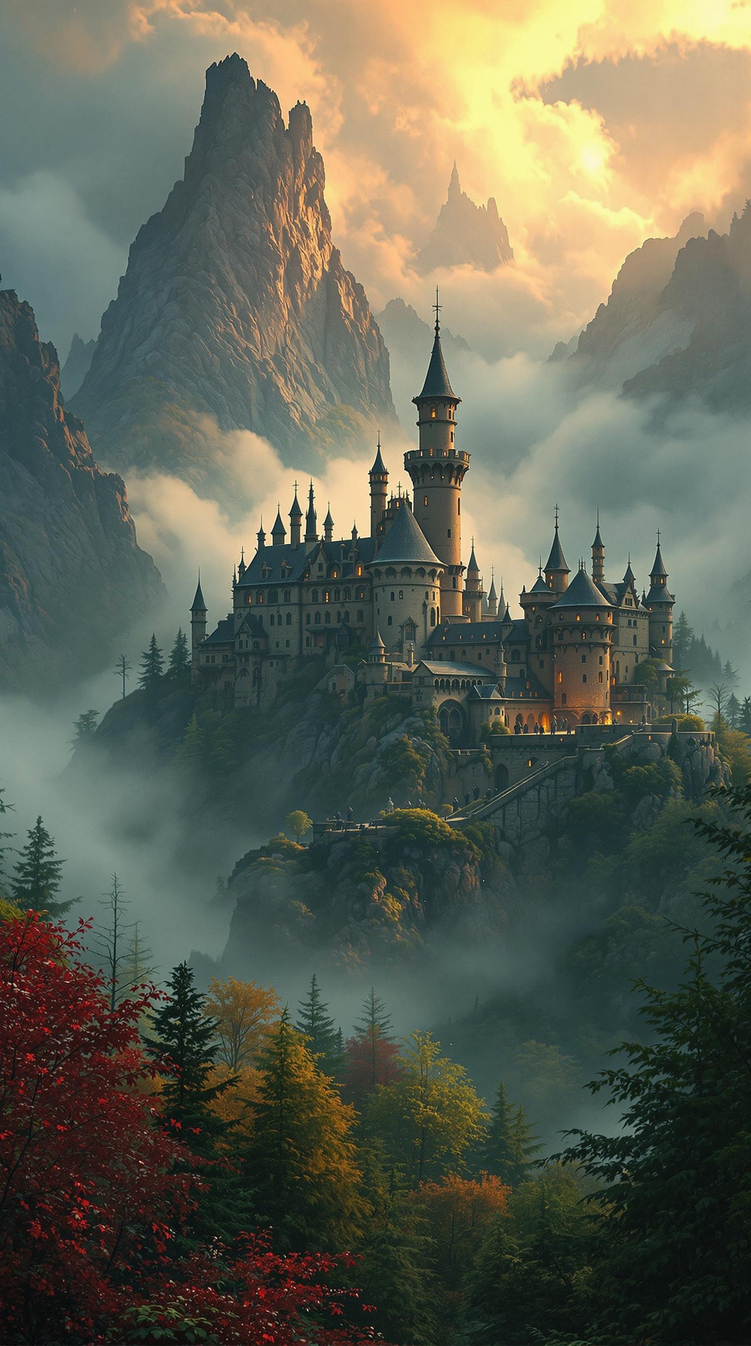 A stunning, vibrant cinematic photograph of a mysterious old castle in the mist-shrouded foothills of a mystical forest, fantasy art that evokes a sense of high-stakes drama in the style of Image's comic book photography, photo-realistic textures and film grains immerse the viewer in the scene, bathed in warm, golden light dotted with emerald greens and crimson reds, as if the forest itself were ablaze, the Ethereal clouds surround the forest, capturing the intensity of the fight for survival.