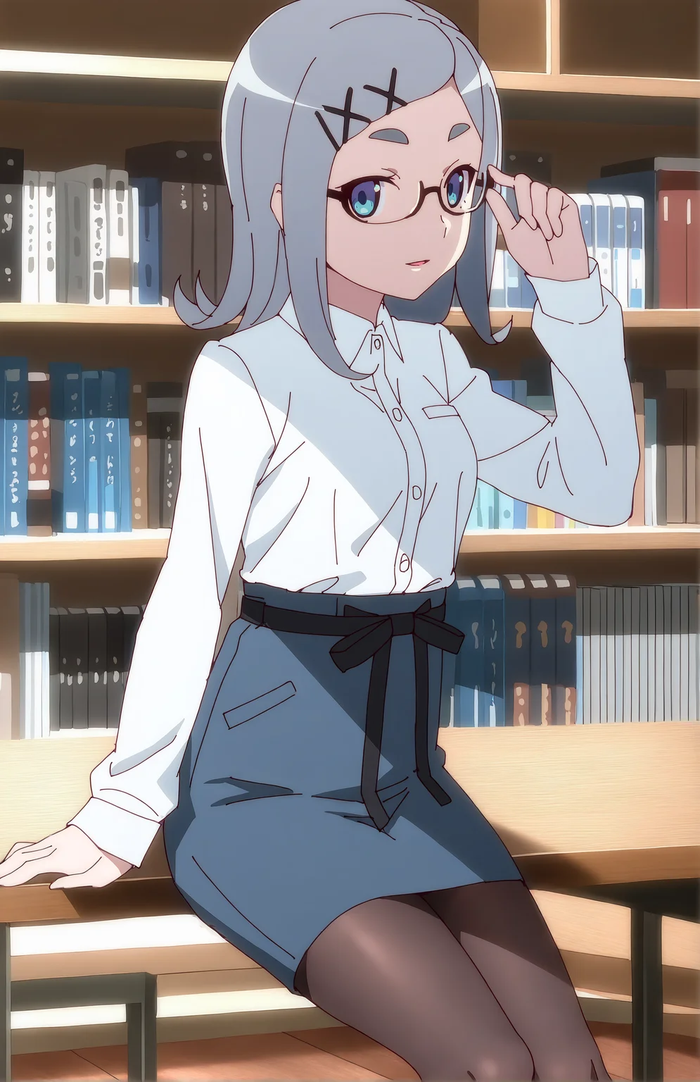 HamukaiMeniko. 1girl, grey hair, x_hair_ornament, blue eyes, thick eyebrows, glasses, semi-rimless eyewear, dress shirt, pencil skirt, pantyhose, library
