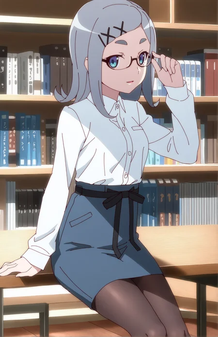 HamukaiMeniko. 1girl, grey hair, x_hair_ornament, blue eyes, thick eyebrows, glasses, semi-rimless eyewear, dress shirt, pencil skirt, pantyhose, library
