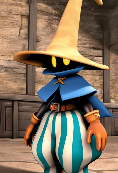 masterpiece, best quality, solo, 1boy, looking at viewer, <lora:Ziggy-illus_Fp:1>, ziggy, yellow eyes, shaded face, faceless, no mouth, wizard hat, striped pants, cloak, robe, gloves, puffy pants, 3d, game cg, gameplay mechanics,
