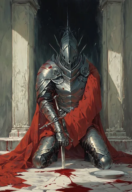 score_9, score_8_up, score_7_up, intimate character design, modern-style color illustration, bold, powerful, lifelike art, detailed setting, (black knight holding a sword), plate armor, supporting sword, blood coming out of armor, kneeling, wounded